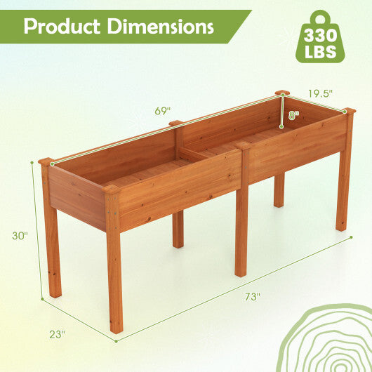 Fir Wood Outdoor Raised Garden Bed with Divider Panel and Drainage Holes-Natural W2B