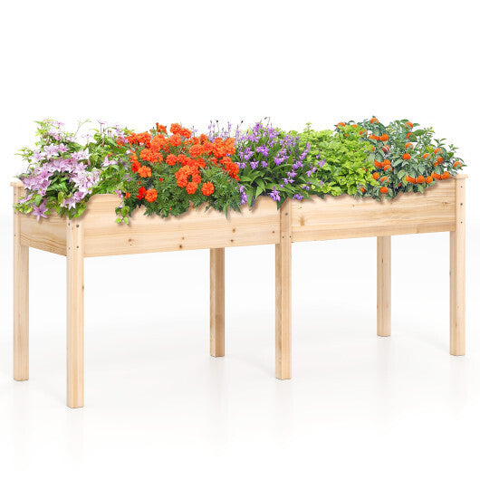 Fir Wood Outdoor Raised Garden Bed with Divider Panel and Drainage Holes-Natural W2B