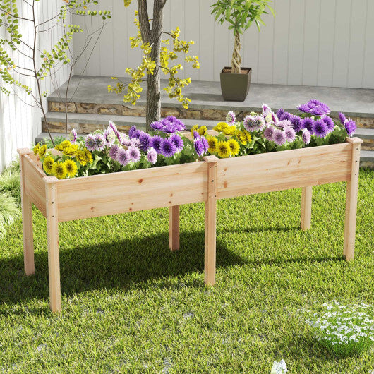 Fir Wood Outdoor Raised Garden Bed with Divider Panel and Drainage Holes-Natural W2B