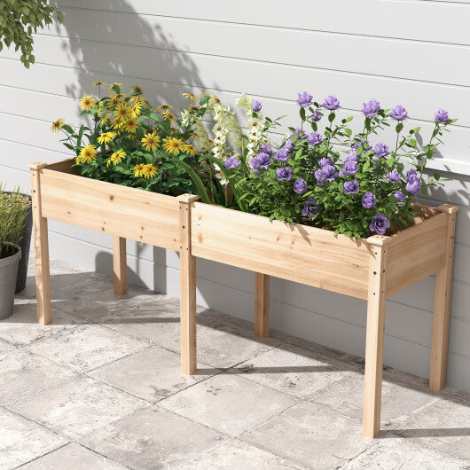 Fir Wood Outdoor Raised Garden Bed with Divider Panel and Drainage Holes-Natural W2B