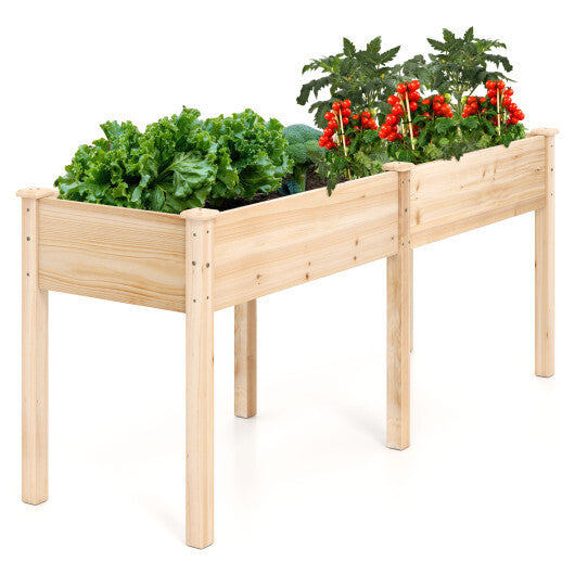 Fir Wood Outdoor Raised Garden Bed with Divider Panel and Drainage Holes-Natural W2B