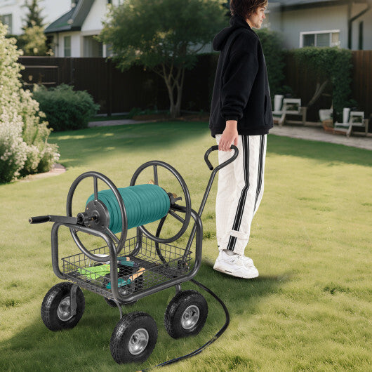 Garden Hose Reel Cart 300 Feet Large Capacity with 4 Wheels and Storage Basket-Gray