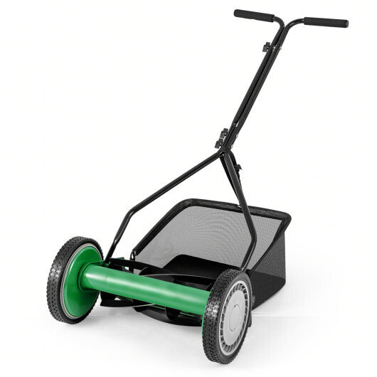 14 Inch Push Lawn Mower with 5 Steel Blades and Grass Catcher Bag-Green W2B
