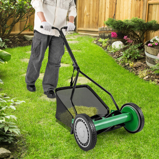 14 Inch Push Lawn Mower with 5 Steel Blades and Grass Catcher Bag-Green W2B
