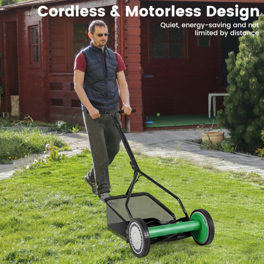 14 Inch Push Lawn Mower with 5 Steel Blades and Grass Catcher Bag-Green W2B