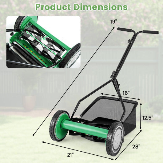 14 Inch Push Lawn Mower with 5 Steel Blades and Grass Catcher Bag-Green W2B