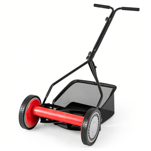 14 Inch Push Lawn Mower with 5 Steel Blades and Grass Catcher Bag-Green W2B