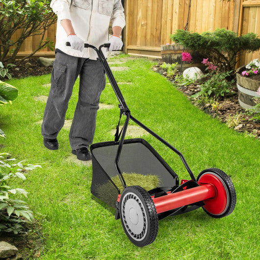 14 Inch Push Lawn Mower with 5 Steel Blades and Grass Catcher Bag-Green W2B