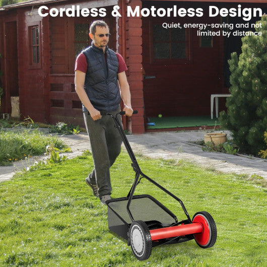 14 Inch Push Lawn Mower with 5 Steel Blades and Grass Catcher Bag-Green W2B