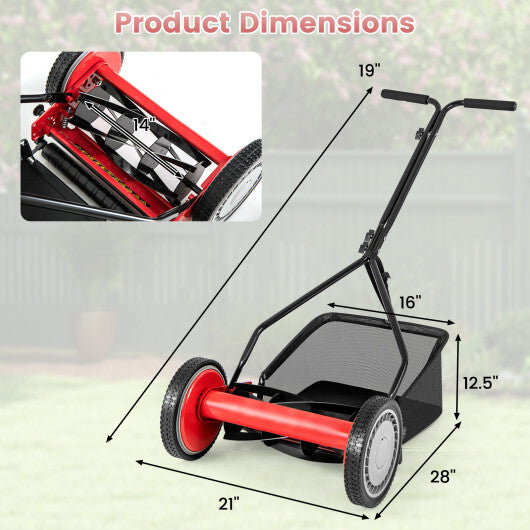 14 Inch Push Lawn Mower with 5 Steel Blades and Grass Catcher Bag-Green W2B