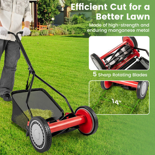 14 Inch Push Lawn Mower with 5 Steel Blades and Grass Catcher Bag-Green W2B