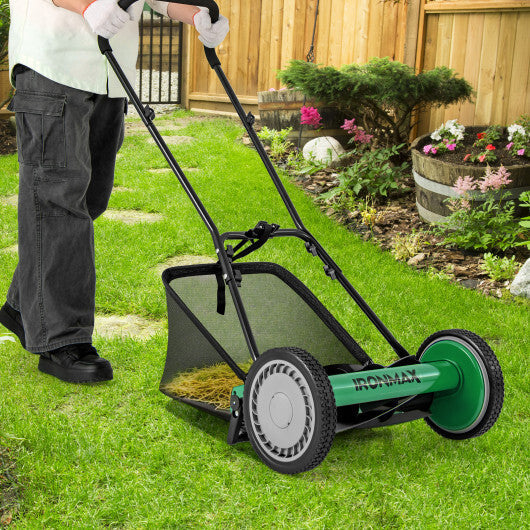 16 Inch Push Lawn Mower with 5 Steel Blades and Grass Catcher Bag-Green W2B