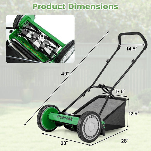16 Inch Push Lawn Mower with 5 Steel Blades and Grass Catcher Bag-Green W2B