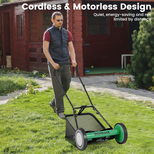 16 Inch Push Lawn Mower with 5 Steel Blades and Grass Catcher Bag-Green W2B