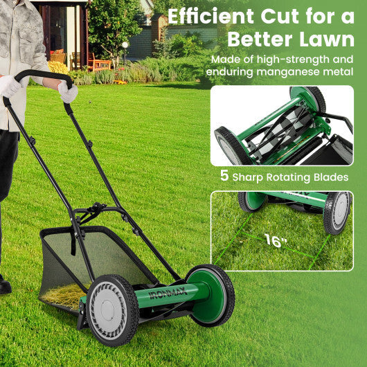 16 Inch Push Lawn Mower with 5 Steel Blades and Grass Catcher Bag-Green W2B
