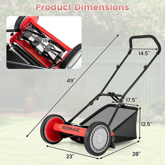 16 Inch Push Lawn Mower with 5 Steel Blades and Grass Catcher Bag-Green W2B