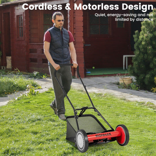 16 Inch Push Lawn Mower with 5 Steel Blades and Grass Catcher Bag-Green W2B