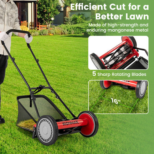 16 Inch Push Lawn Mower with 5 Steel Blades and Grass Catcher Bag-Green W2B