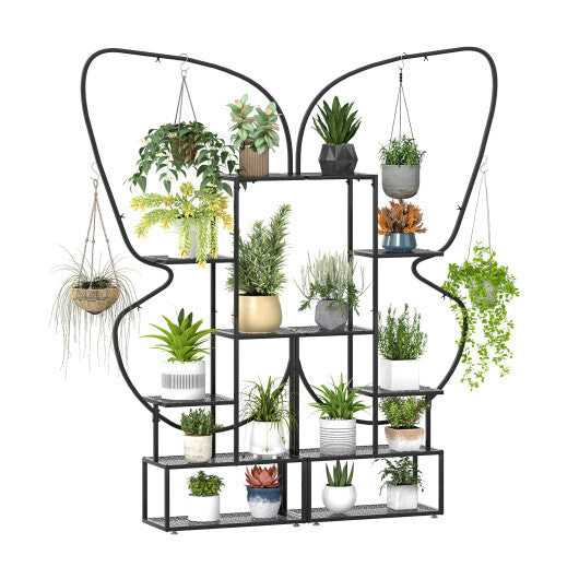 6-Tier Metal Plant Stand Ladder Display Rack with Hanging Hooks-Black W2B