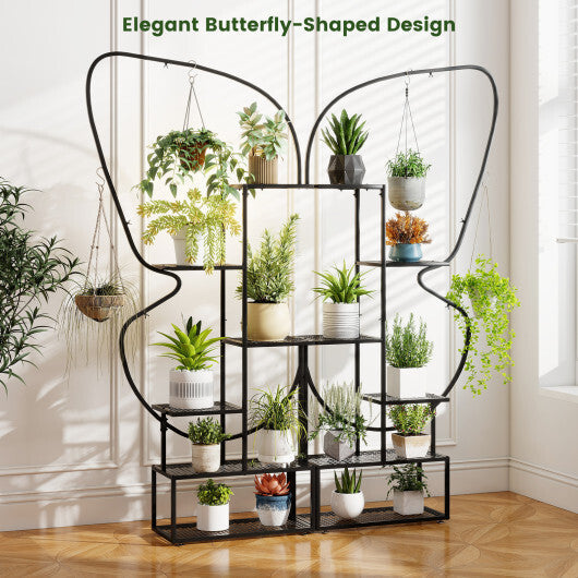 6-Tier Metal Plant Stand Ladder Display Rack with Hanging Hooks-Black W2B