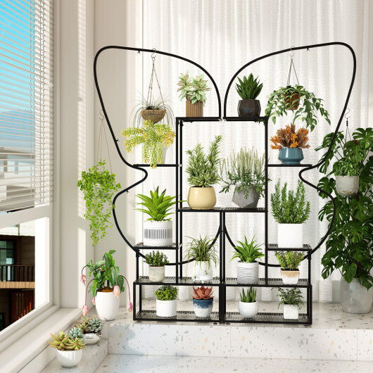 6-Tier Metal Plant Stand Ladder Display Rack with Hanging Hooks-Black W2B