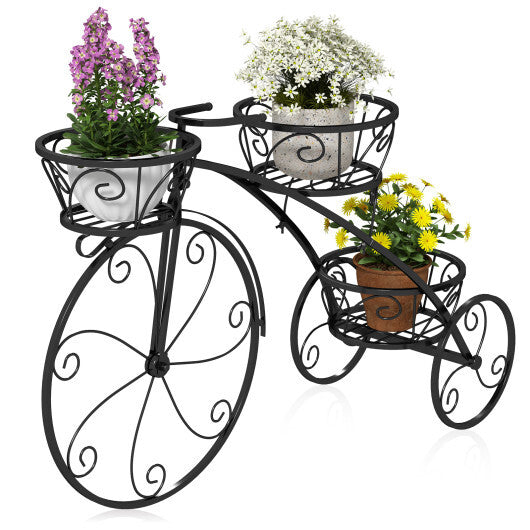 Tricycle Plant Stand Flower Pot Cart Holder with 3 Hollowed Baskets-Bronze