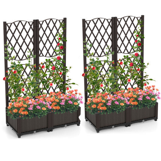 Set of 2 PE Rattan Raised Garden Bed with Trellis Planter Box for Climbing Plants-Rustic Brown W2B