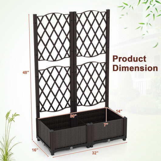 Set of 2 PE Rattan Raised Garden Bed with Trellis Planter Box for Climbing Plants-Rustic Brown W2B