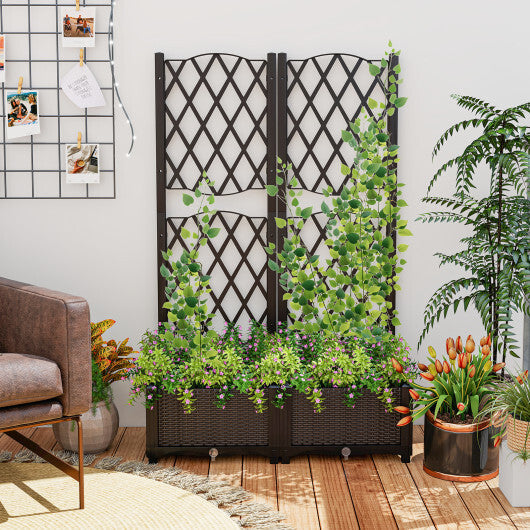 Set of 2 PE Rattan Raised Garden Bed with Trellis Planter Box for Climbing Plants-Rustic Brown W2B