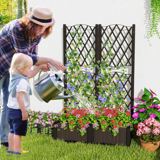 Set of 2 PE Rattan Raised Garden Bed with Trellis Planter Box for Climbing Plants-Rustic Brown W2B