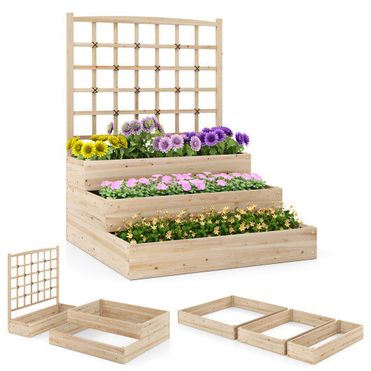 3-Tier Raised Garden Bed with Lattice Trellis and Open-Ended Base-Natural W2B