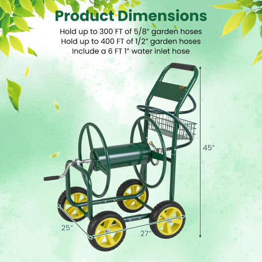 Garden Hose Reel Cart Metal Hose Cart with 4 Wheels and Storage Basket-Green