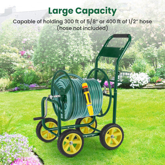 Garden Hose Reel Cart Metal Hose Cart with 4 Wheels and Storage Basket-Green