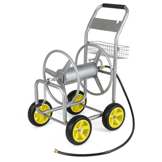 Garden Hose Reel Cart Metal Hose Cart with 4 Wheels and Storage Basket-Green