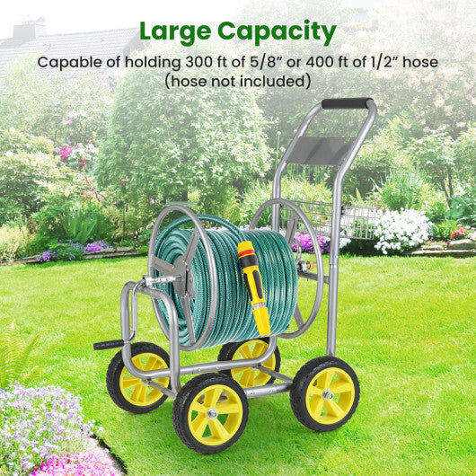 Garden Hose Reel Cart Metal Hose Cart with 4 Wheels and Storage Basket-Green