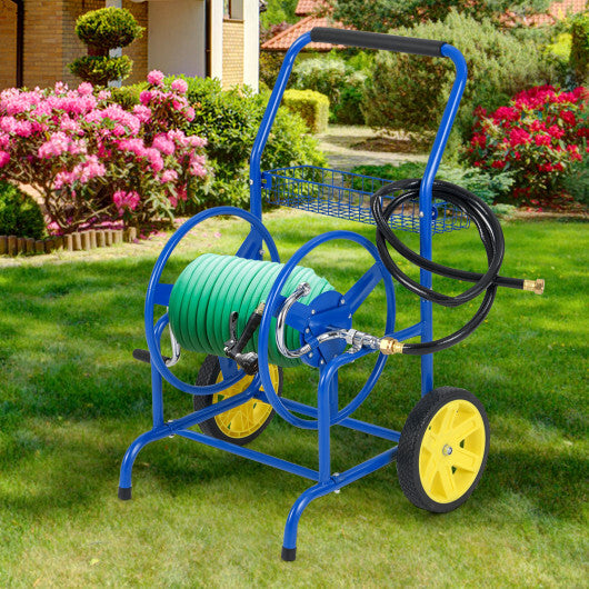 Garden Hose Reel Cart with 2 Wheels and Storage Basket-Blue