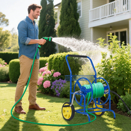 Garden Hose Reel Cart with 2 Wheels and Storage Basket-Blue