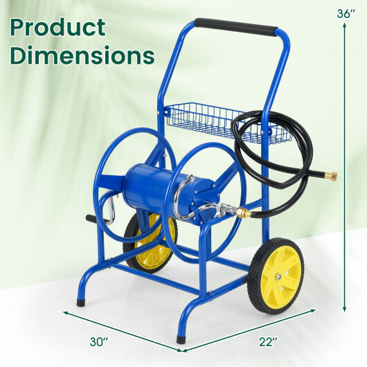 Garden Hose Reel Cart with 2 Wheels and Storage Basket-Blue