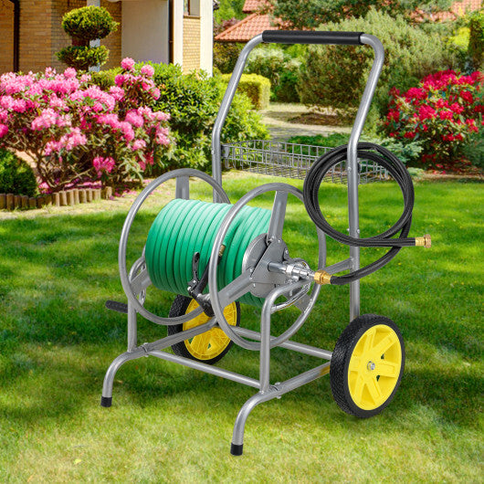 Garden Hose Reel Cart with 2 Wheels and Storage Basket-Blue