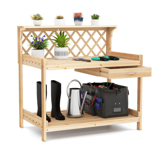 Garden Potting Bench Table Wooden Planting Workstation with Lattice Trellis W2B