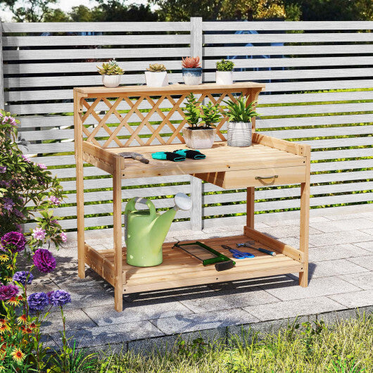 Garden Potting Bench Table Wooden Planting Workstation with Lattice Trellis W2B