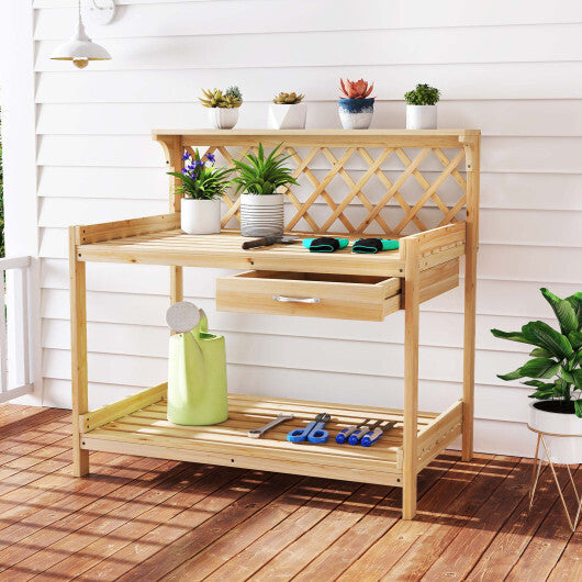 Garden Potting Bench Table Wooden Planting Workstation with Lattice Trellis W2B