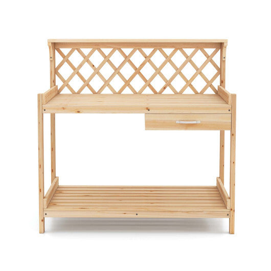 Garden Potting Bench Table Wooden Planting Workstation with Lattice Trellis W2B