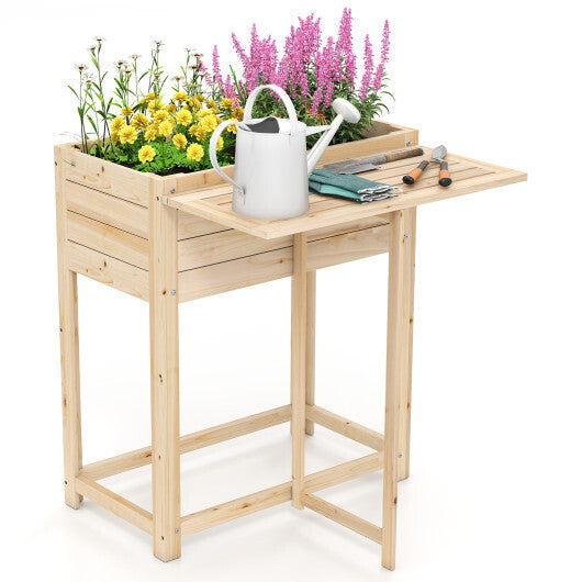 Wooden Raised Garden Bed with Legs and Foldable Side Table W2B