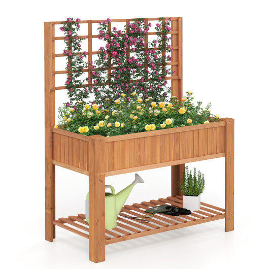 Raised Garden Bed with Trellis Wooden Elevated Planter Box with Legs-Natural