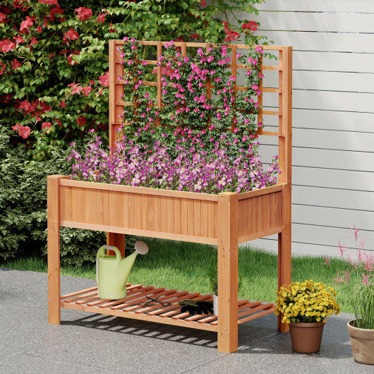 Raised Garden Bed with Trellis Wooden Elevated Planter Box with Legs-Natural