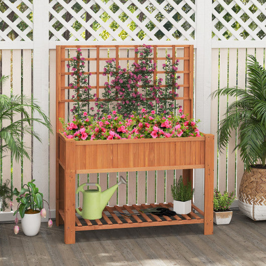 Raised Garden Bed with Trellis Wooden Elevated Planter Box with Legs-Natural