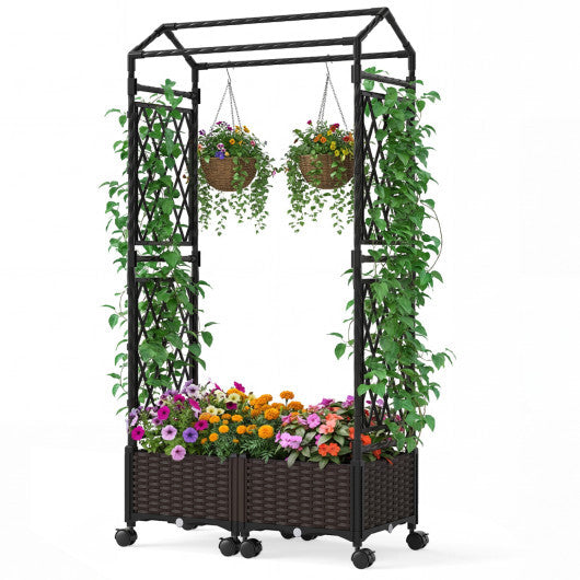 5.5 FT Self-Watering Planter Boxes with Lattice Trellis and Roof-Brown W2B