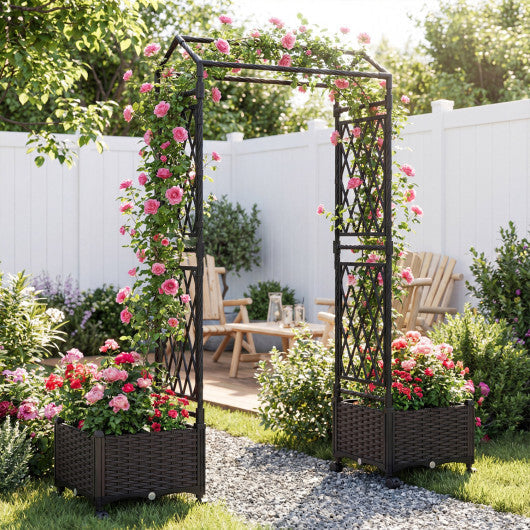 5.5 FT Self-Watering Planter Boxes with Lattice Trellis and Roof-Brown W2B