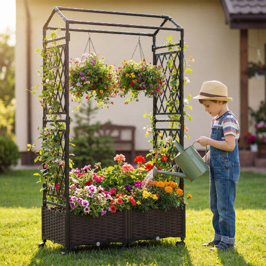 5.5 FT Self-Watering Planter Boxes with Lattice Trellis and Roof-Brown W2B